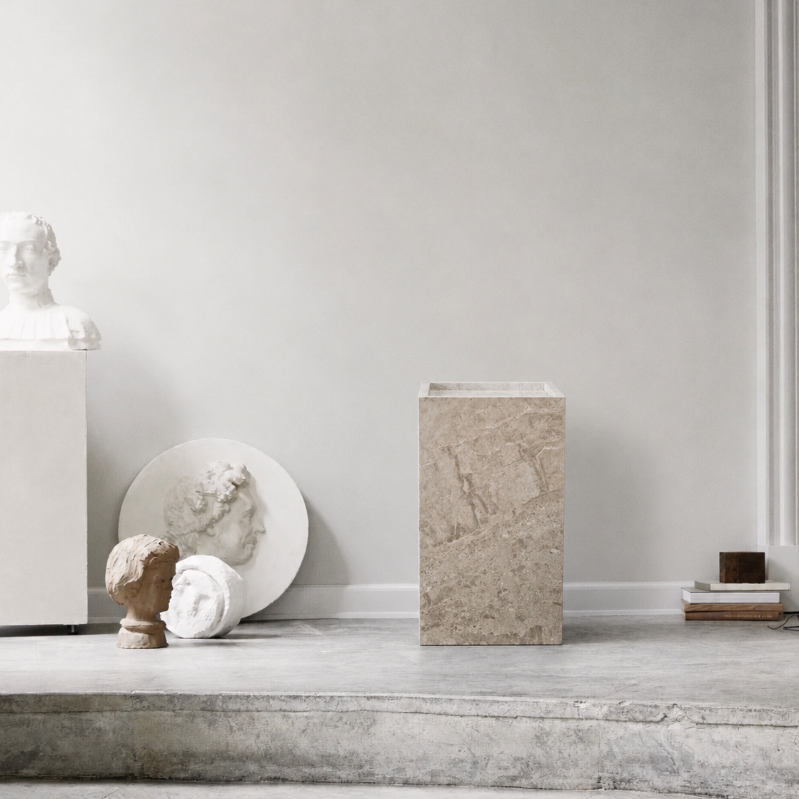 Beige Marble Cube 30 — honed marble side table by Danish designer Emil Thorup for HANDVÄRK, Scandinavian minimalist design