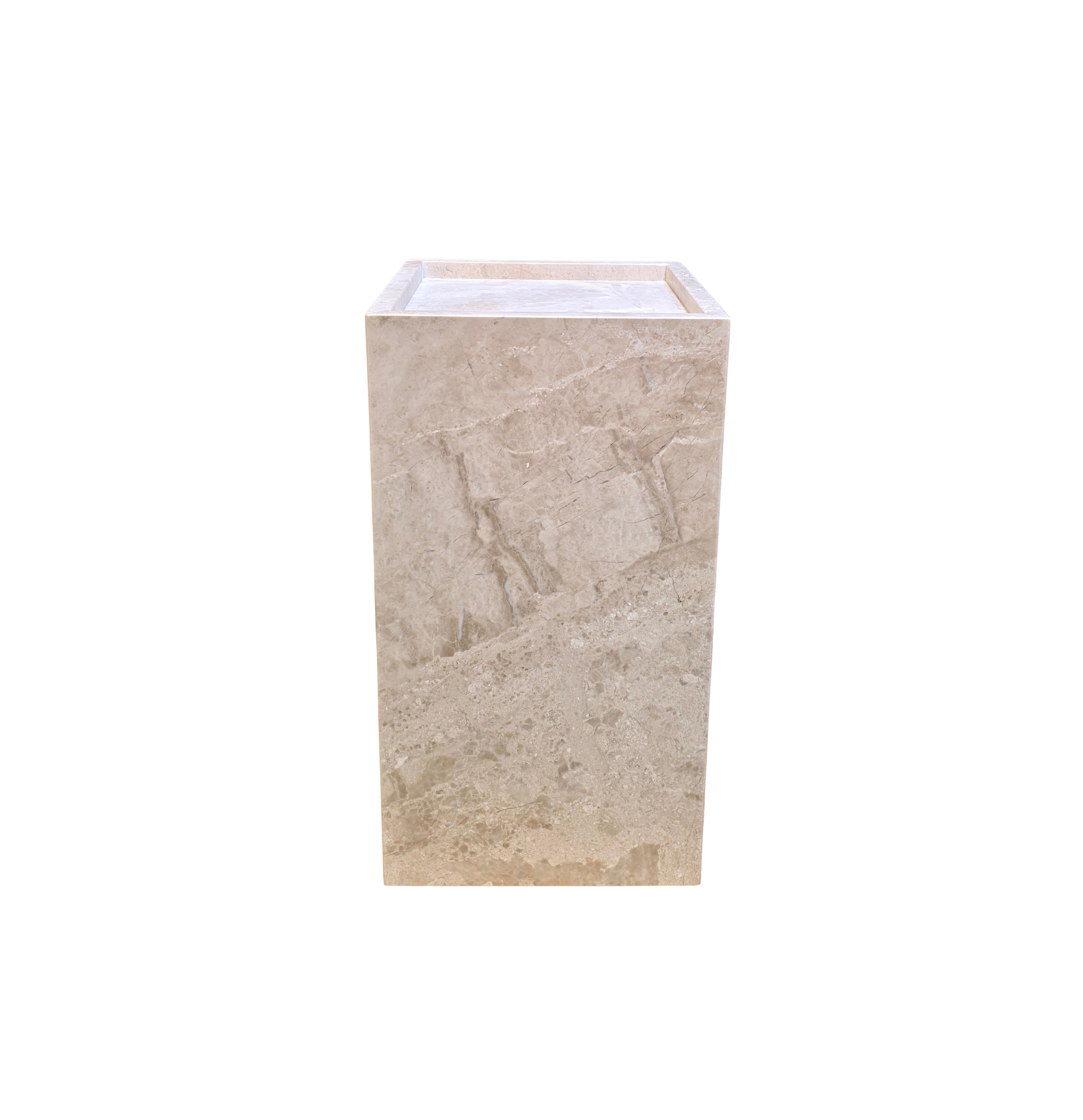 Beige Marble Cube 30 by HANDVÄRK — honed marble pedestal, 30x30x55 cm, front view